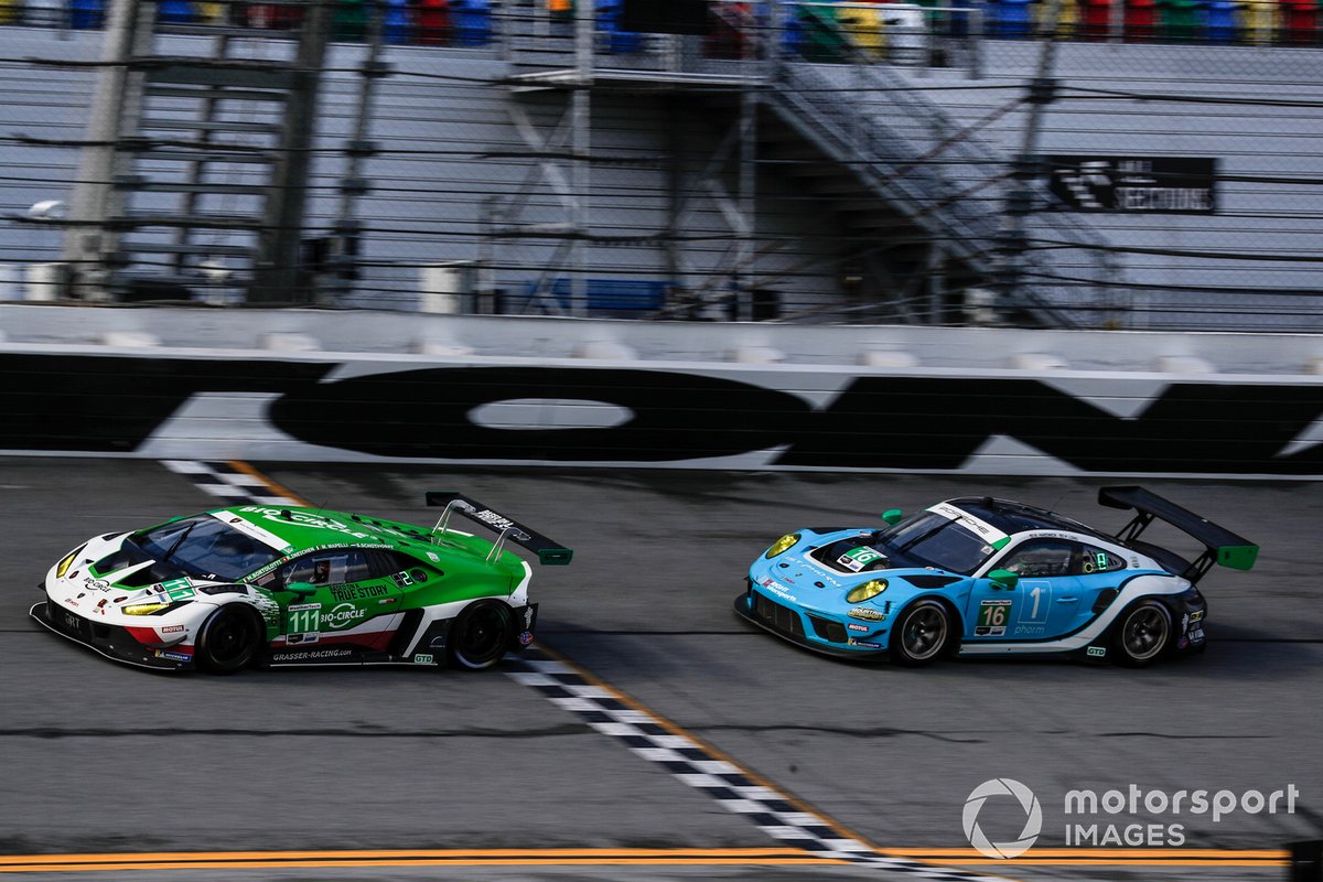 #111 GRT Grasser Racing Team Lamborghini Huracan GT3, GTD: Rolf Ineichen, Mirko Bortolotti, Steijn Schothorst, Marco Mapelli, #16 Wright Motorsports Porsche 911 GT3R, GTD: Ryan Hardwick, Patrick Long, Klaus Bachler, Jan Heylen