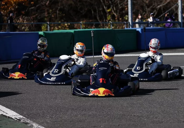Pierre Gasly, Yuki Tsunoda, Max Verstappen, Sergio Perez