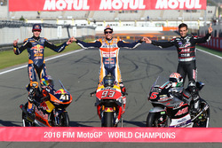 The three 2016 champions: MotoGP champion Marc Marquez, Repsol Honda Team, Moto2 champion Johann Zarco, Ajo Motorsport, Moto3 champion Brad Binder, Red Bull KTM Ajo