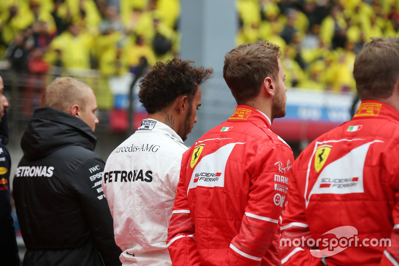 Valtteri Bottas, Mercedes AMG, Lewis Hamilton, Mercedes AMG, Sebastian Vettel, Ferrari, and Kimi Rai