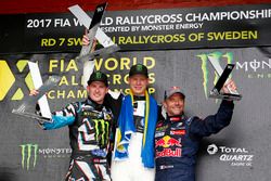 Podium : le vainqueur Johan Kristoffersson, Volkswagen Team Sweden, le deuxième Andreas Bakkerud, Hoonigan Racing Division Ford, le troisième Sébastien Loeb, Team Peugeot Hansen