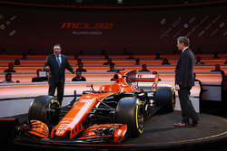 Zak Brown, Executive Director of McLaren Technology Group, talks to presenter Simon Lazenby on stage at the launch of the McLaren MCL32