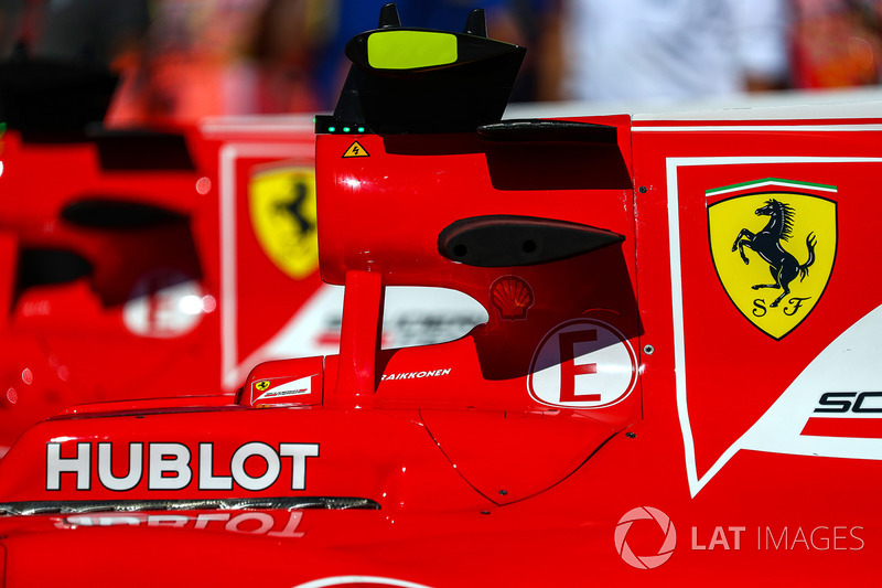 El detalle de la carrocería de Kimi Raikkonen, Ferrari SF70H en parc ferme