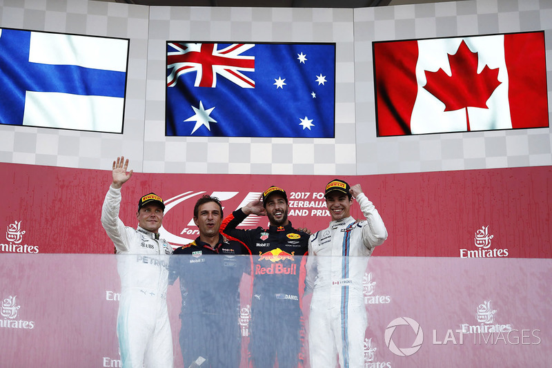 Podium GP Azerbaijan 2017: Daniel Ricciardo, Valtteri Bottas, dan Lance Stroll