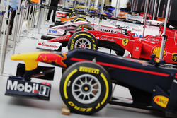 A line-up of Formula 1 cars ahead of the London street demonstration, including a Red Bull Racing, F