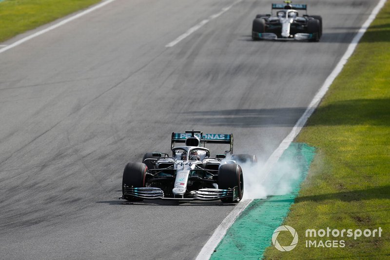 Lewis Hamilton, Mercedes AMG F1 W10, leads Valtteri Bottas, Mercedes AMG W10