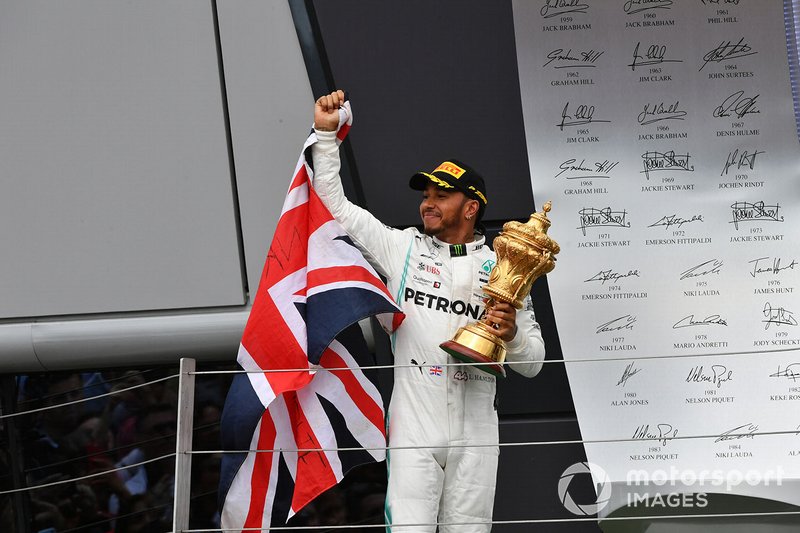 Lewis Hamilton, Mercedes AMG F1, 1st position, with his trophy