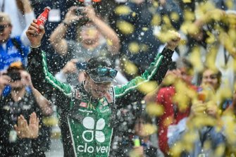 Kyle Larson, Chip Ganassi Racing, Chevrolet Camaro Clover, celebrates after winning.