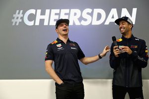 Max Verstappen, Red Bull Racing and Daniel Ricciardo, Red Bull Racing talk to the Red Bull Racing team