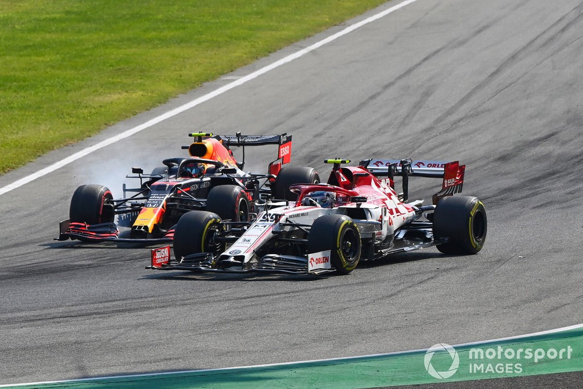 Max Verstappen, Red Bull Racing RB16 locks up, trying to take the inside of Antonio Giovinazzi, Alfa Romeo Racing C39
