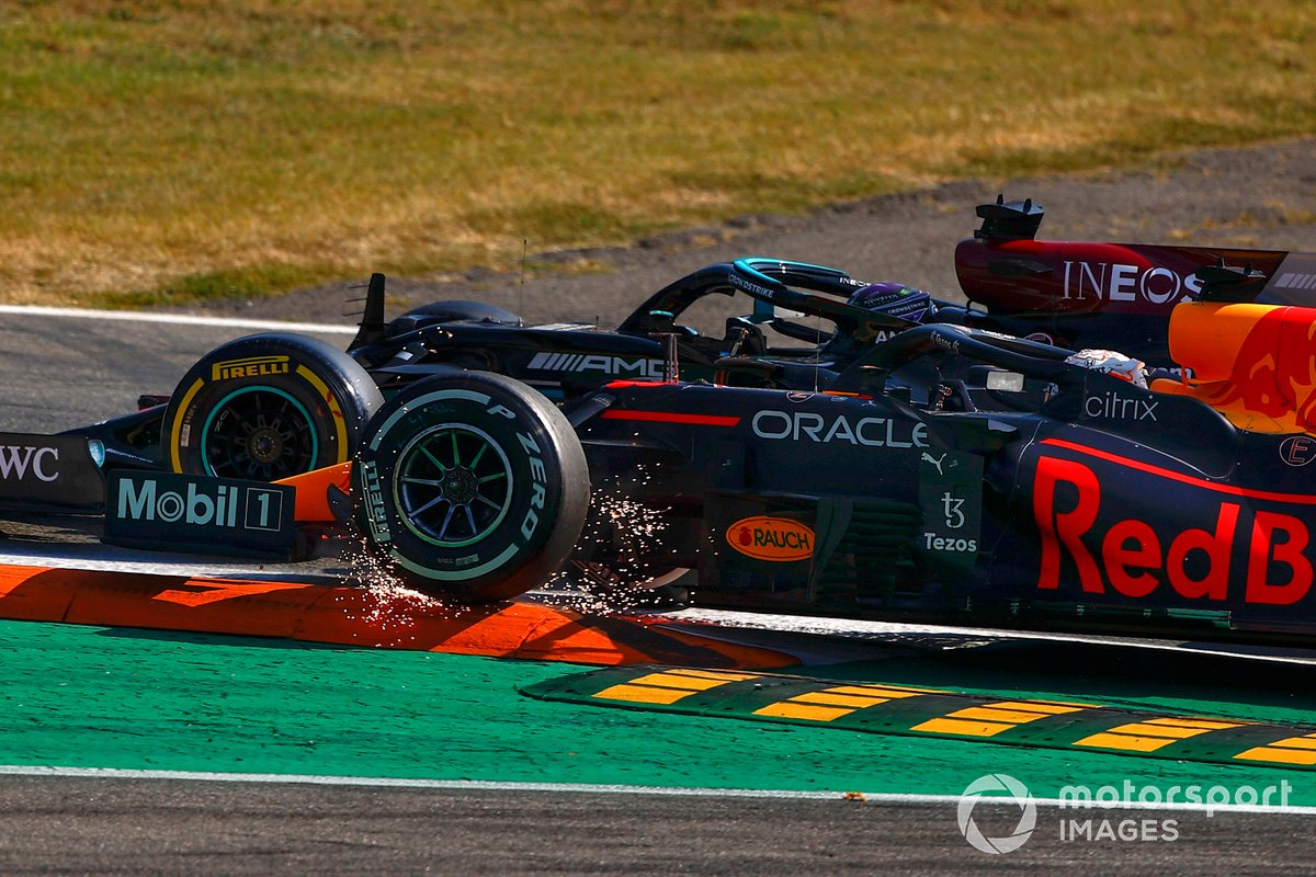 Lewis Hamilton, Mercedes W12, and Max Verstappen, Red Bull Racing RB16B, collide