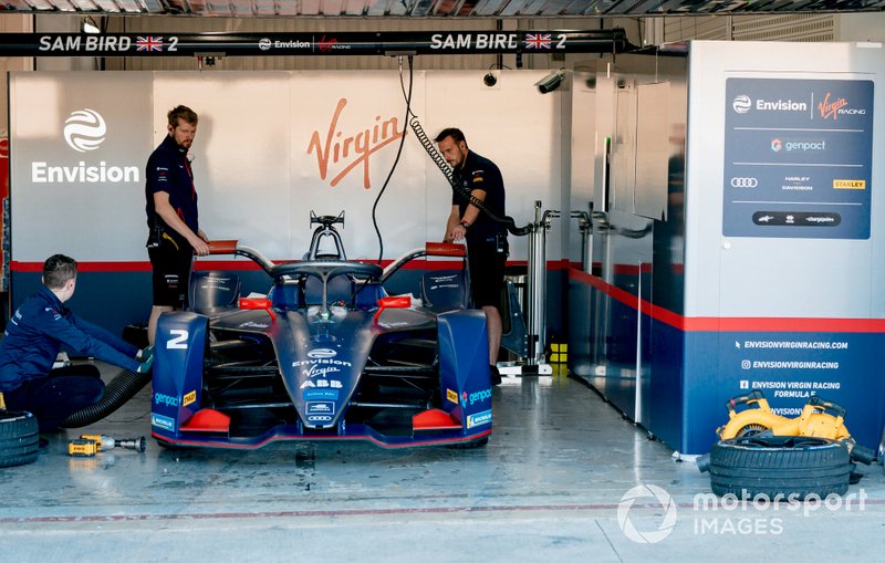 Mechanics work on Sam Bird's, Envision Virgin Racing, Audi e-tron FE06