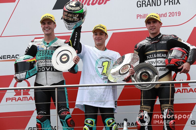 Podium: race winner Lorenzo Dalla Porta, Leopard Racing, second place Marcos Ramirez, Leopard Racing, third place Albert Arenas, Ángel Nieto Team