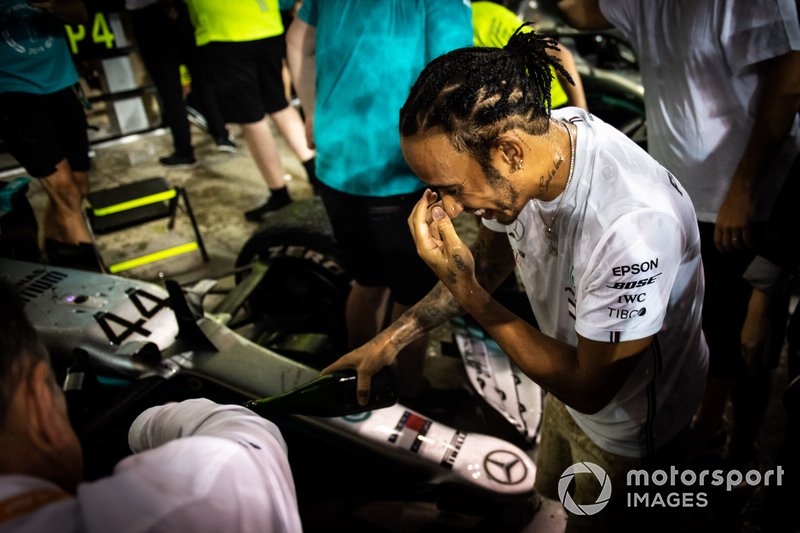 Lewis Hamilton, Mercedes AMG F1, 1st position and 2019 World Champion, celebrates with his team