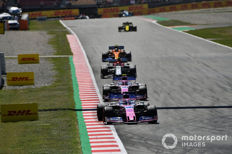 Sergio Perez, Racing Point RP19, leads Lance Stroll, Racing Point RP19, Antonio Giovinazzi, Alfa Romeo Racing C38, and Lando Norris, McLaren MCL34