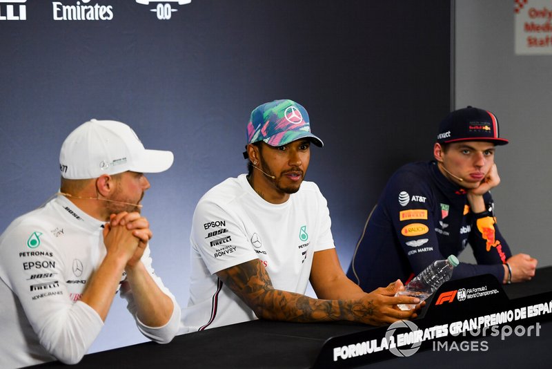 Valtteri Bottas, Mercedes AMG F1, 2nd position, Lewis Hamilton, Mercedes AMG F1, 1st position, and Max Verstappen, Red Bull Racing, 3rd position, in the Press Conference