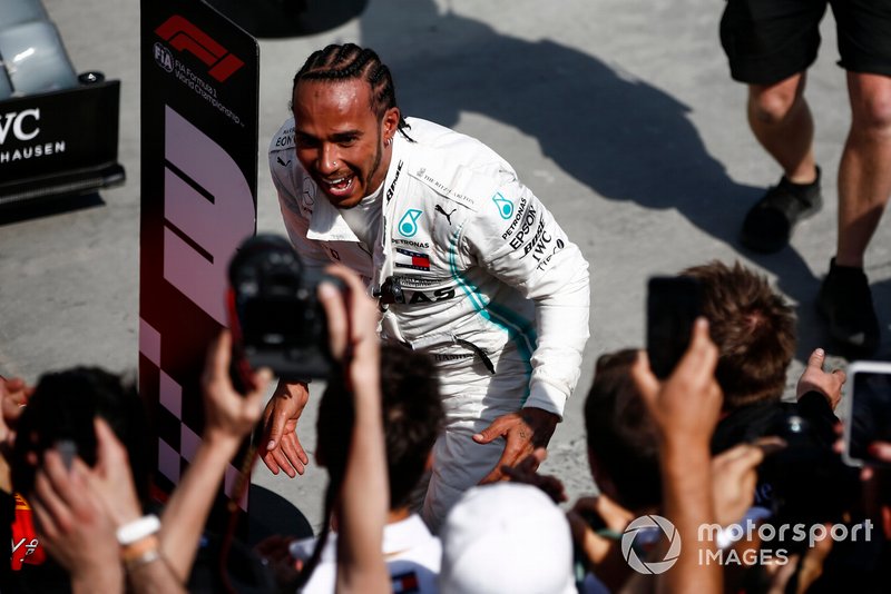 Lewis Hamilton, Mercedes AMG F1, 1st position, celebrates in Parc Ferme