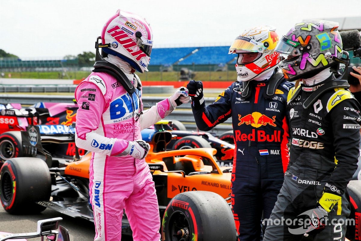 Nico Hulkenberg, Racing Point festeggia nel Parc Ferme con Max Verstappen, Red Bull Racing e Daniel Ricciardo, Renault F1