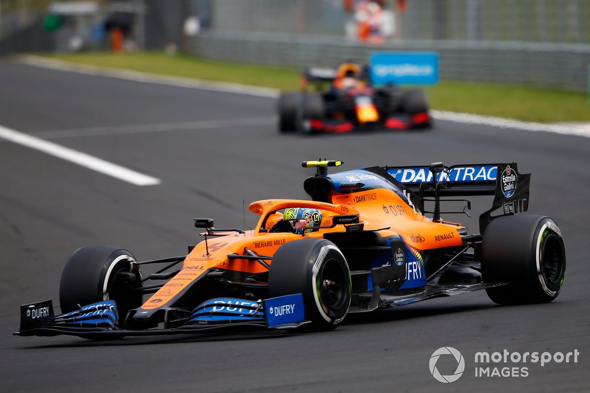 Lando Norris, McLaren MCL35, leads Max Verstappen, Red Bull Racing RB16