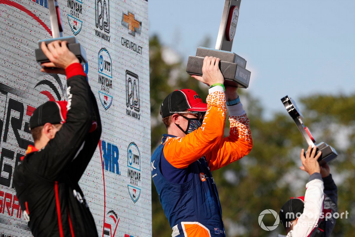 Will Power, Team Penske Chevrolet, Scott Dixon, Chip Ganassi Racing Honda, Alex Palou, Dale Coyne Racing with Team Goh Honda, podium
