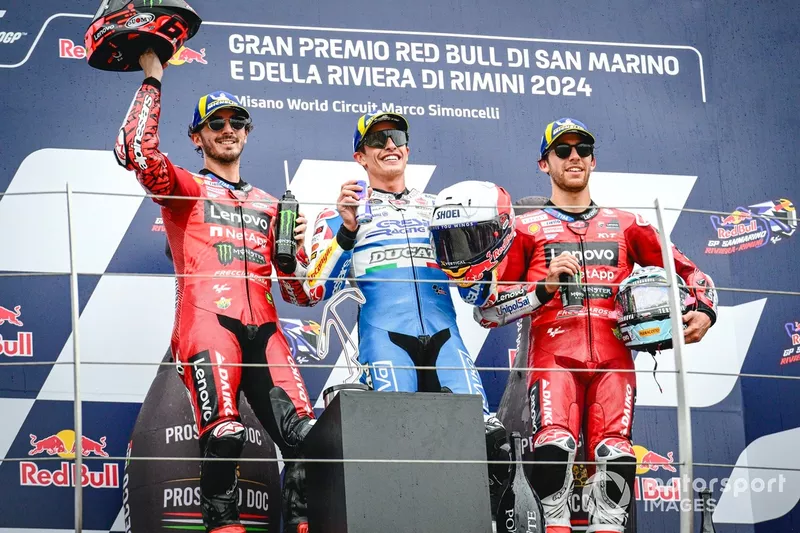 Marc Marquez, Gresini Racing Team, Francesco Bagnaia, Ducati Team, Enea Bastianini, Ducati Team podium