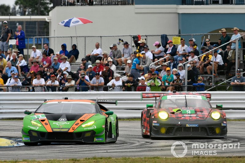 #11 GRT Grasser Racing Team Lamborghini Huracan GT3, GTD: Mirko Bortolotti, Rik Breukers, Rolf Ineichen, #9 PFAFF Motorsports Porsche 911 GT3 R, GTD: Scott Hargrove, Zacharie Robichon, Lars Kern