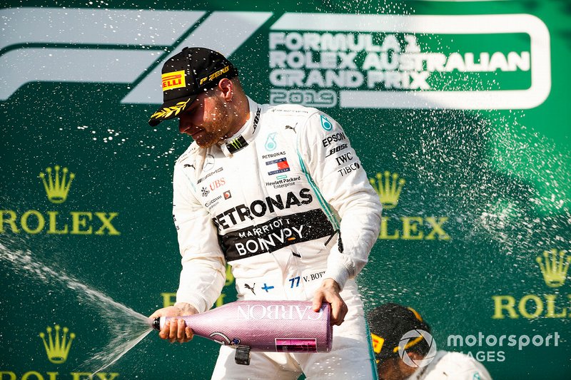 Valtteri Bottas, Mercedes AMG F1, 1st position, sprays Champagne on the podium