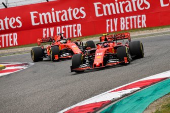 Charles Leclerc, Ferrari SF90, leads Sebastian Vettel, Ferrari SF90