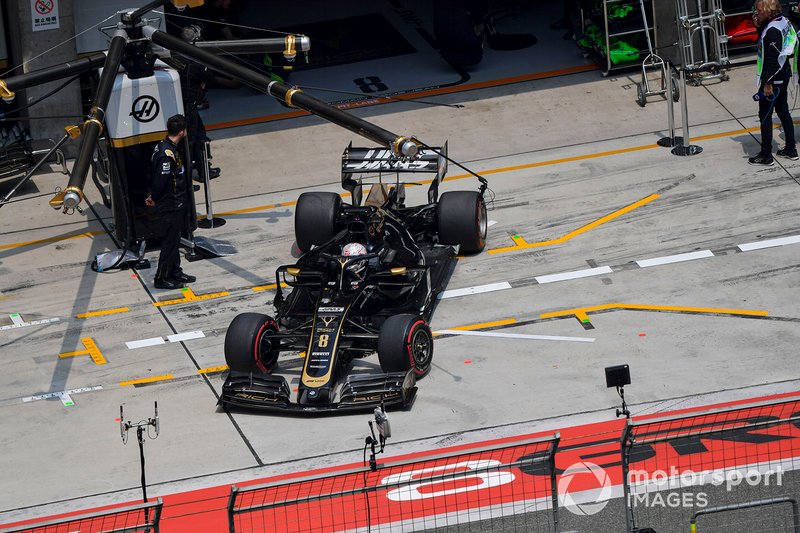 Romain Grosjean, Haas F1 Team VF-19, leaves the garage