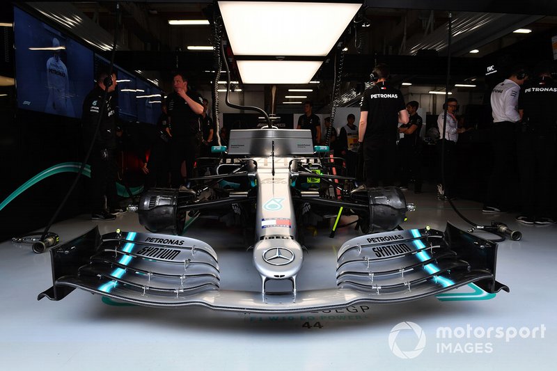 The car of Lewis Hamilton, Mercedes AMG F1 W10, in the garage