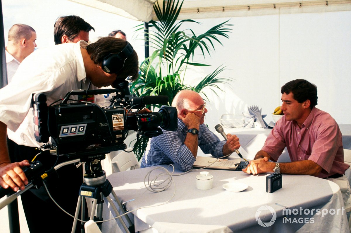 With omnipresent clipboard close-at-hand, Murray sits down with Ayrton Senna in 1992.