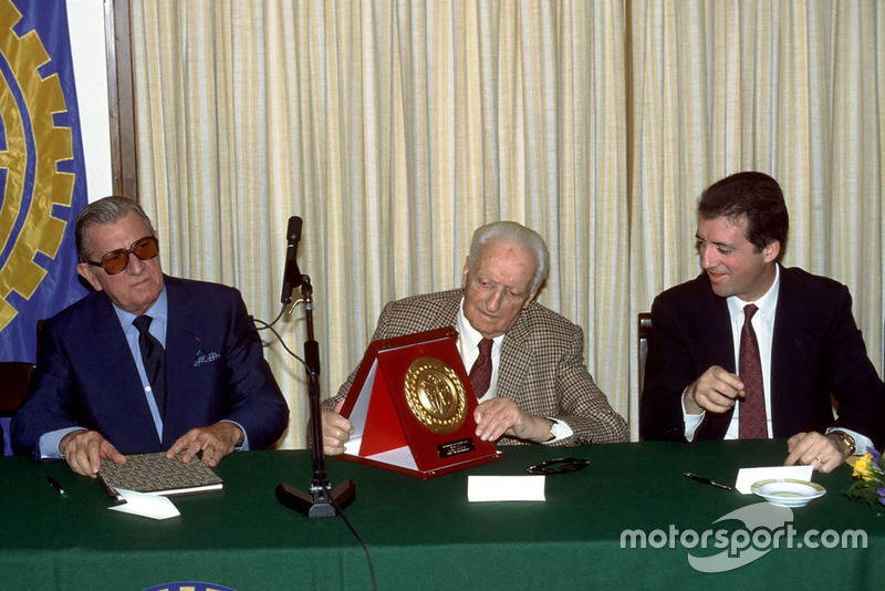 Maranello 1987, Enzo Ferrari alongside his son Piero Ferrari and the FIA President Jean Marie Balestre 