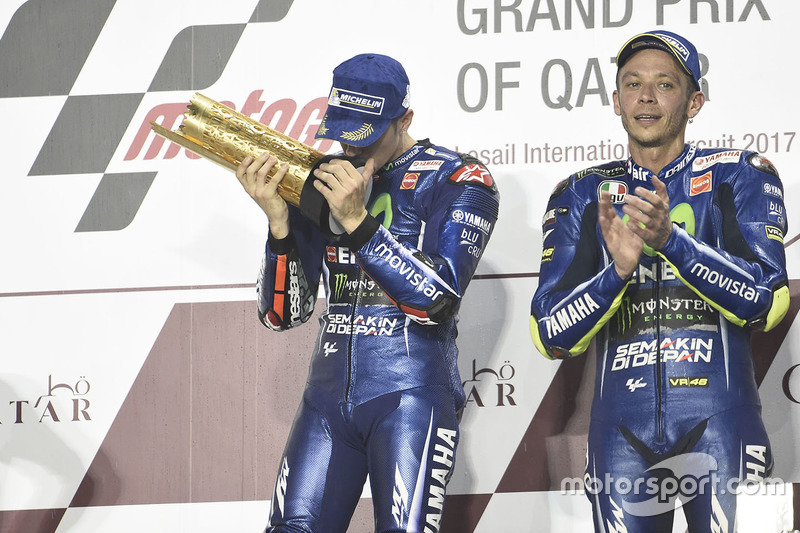 Podium: race winner Maverick Viñales, Yamaha Factory Racing, third place Valentino Rossi, Yamaha Factory Racing