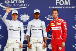 Top three qualifiers Lewis Hamilton, Mercedes AMG, Sebastian Vettel, Ferrari, and Valtteri Bottas, M