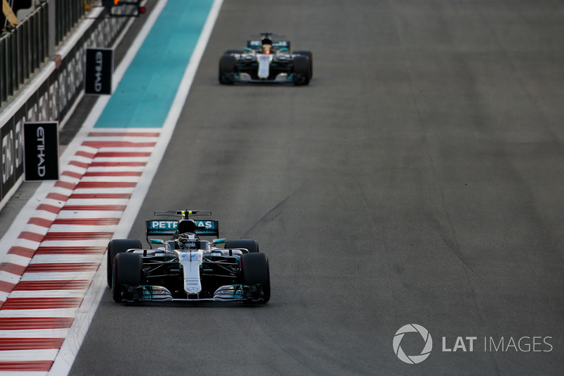 Valtteri Bottas, Mercedes F1 W08, leads Lewis Hamilton, Mercedes F1 W08