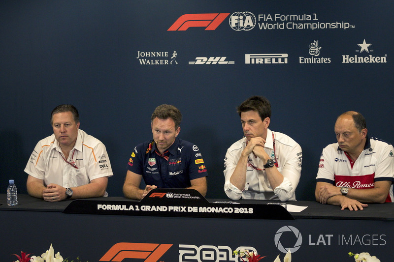 Zak Brown, McLaren Racing CEO, Christian Horner, Red Bull Racing Team Principal, Toto Wolff, Mercedes AMG F1 Director of Motorsport and Frederic Vasseur, Sauber, Team Principal in the Press Conference