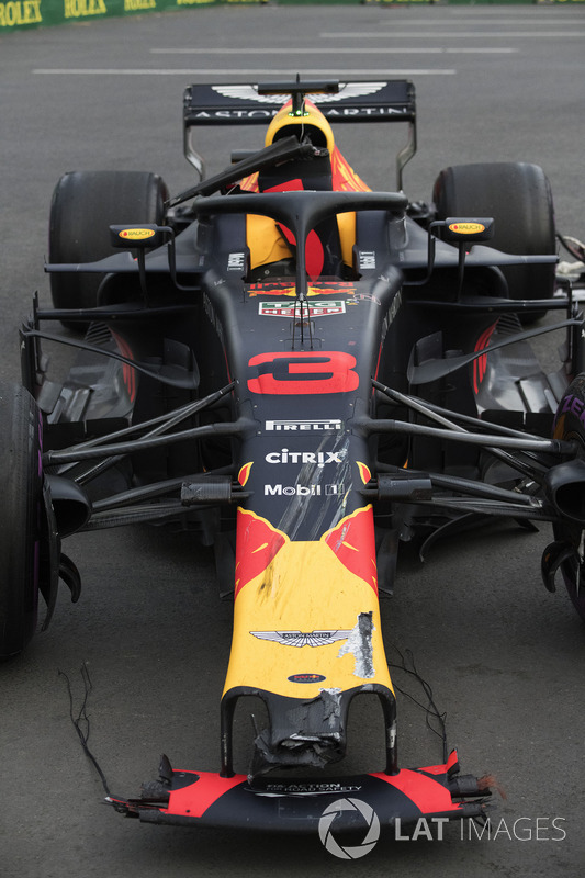 The damaged car of Max Verstappen, Red Bull Racing