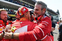 Pole sitter Sebastian Vettel, Ferrari celebrates in parc ferme with Maurizio Arrivabene, Ferrari Tea