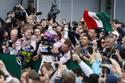 Sergio Perez, Force India, celebrates with his team after the race