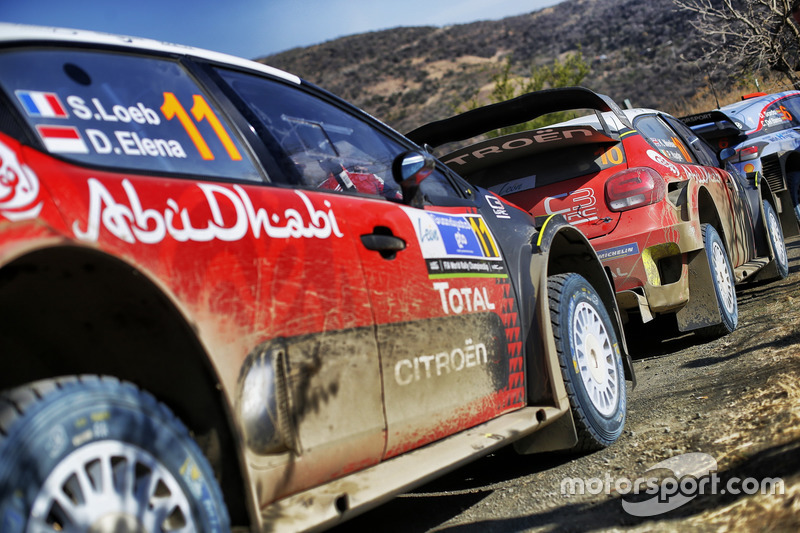 The cars of Sébastien Loeb , Daniel Elena, Citroën World Rally Team Citroën C3 WRC, Kris Meeke, Paul Nagle, Citroën World Rally Team Citroën C3 WRC