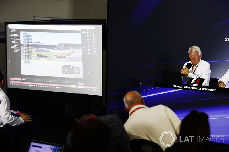 Charlie Whiting, FIA Race Director, holds a press conference about the controversial Max Verstappen, Red Bull Racing, overtake on Kimi Raikkonen, Ferrari, at the previous race in Austin