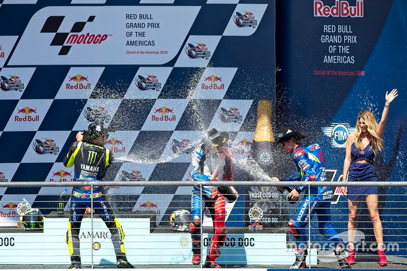 Podium: Ganador de la carrera Alex Rins, Team Suzuki MotoGP, 2º Valentino Rossi, Yamaha Factory Racing, 3º Jack Miller, Pramac Racing