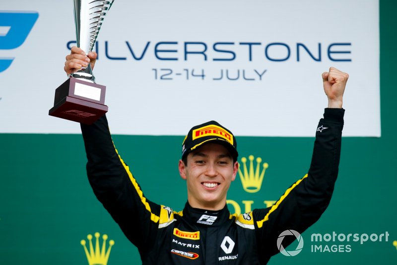 Race winner Jack Aitken, Campos Racing celebrates on the podium with the trophy