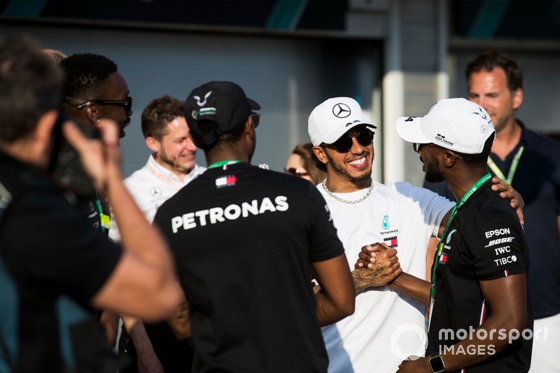 Lewis Hamilton, Mercedes AMG F1, 1st position, celebrates with guests