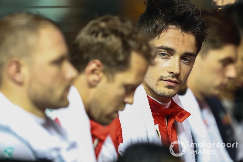 Valtteri Bottas, Mercedes AMG F1, Sebastian Vettel, Ferrari, and Charles Leclerc, Ferrari, lined up for the national anthem prior to the start