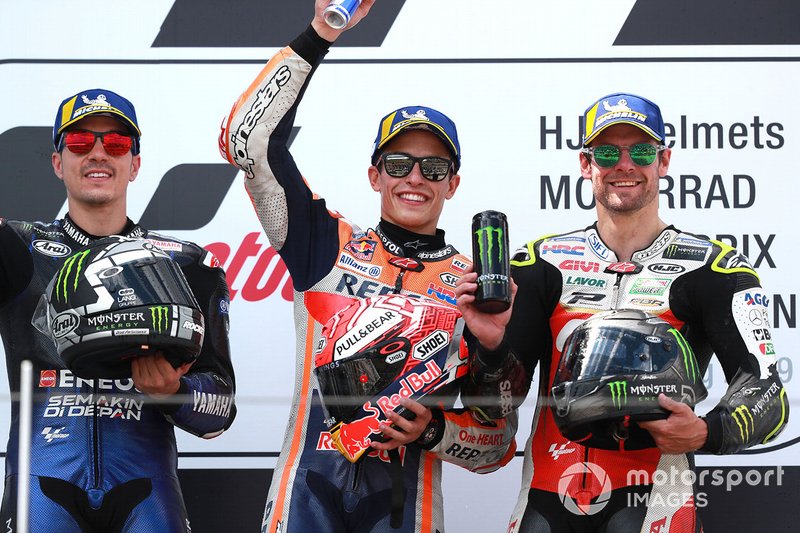 Podium: race winner Marc Marquez, Repsol Honda Team, second place Maverick Vinales, Yamaha Factory Racing, third place Cal Crutchlow, Team LCR Honda