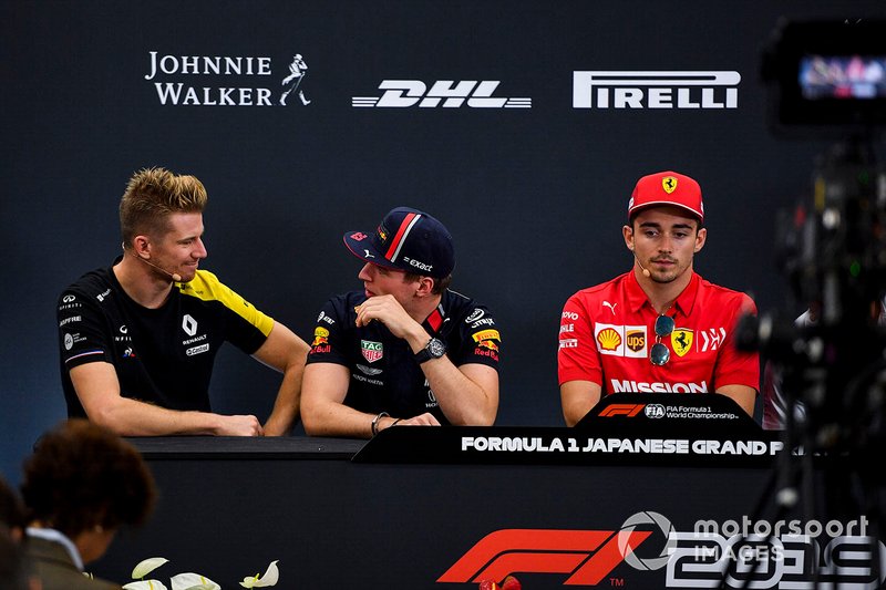 Nico Hulkenberg, Renault F1 Team, Max Verstappen, Red Bull Racing y Charles Leclerc, Ferrari en la Conferencia de Prensa