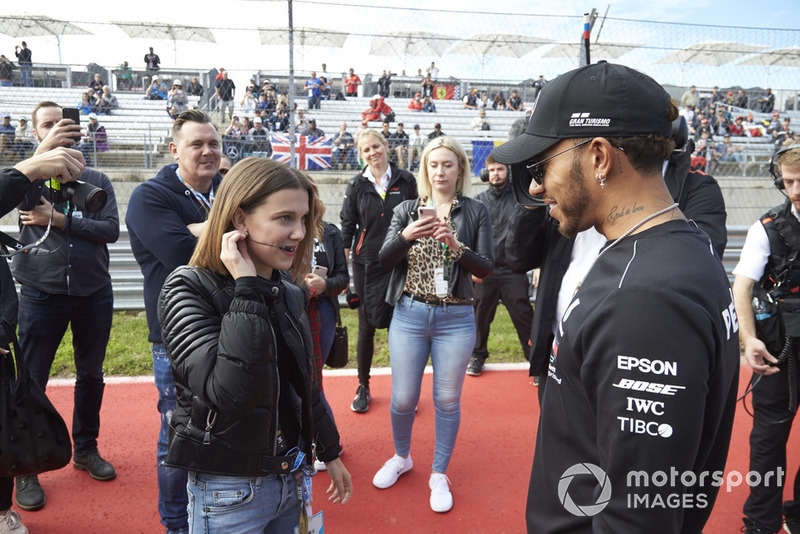 Actress Millie Bobby Brown meets Lewis Hamilton, Mercedes AMG F1