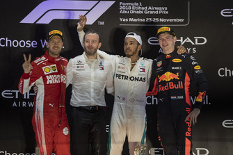 Sebastian Vettel, Ferrari, Bradley Lord, Head of Mercedes-Benz Motorsport Communications, Lewis Hamilton, Mercedes AMG F1 and Max Verstappen, Red Bull Racing celebrate on the podium