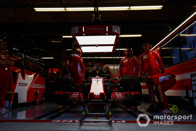 The car of Kimi Raikkonen, Ferrari SF71H, in the garage.